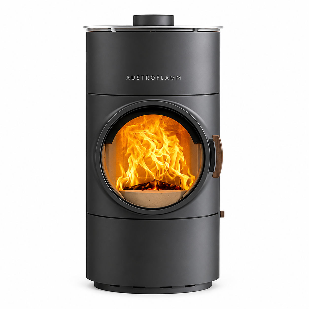 Austroflamm cylindrical wood-burning stove with a black matte finish, featuring a circular glass front door showing a bright orange fire inside, set against a plain white background.