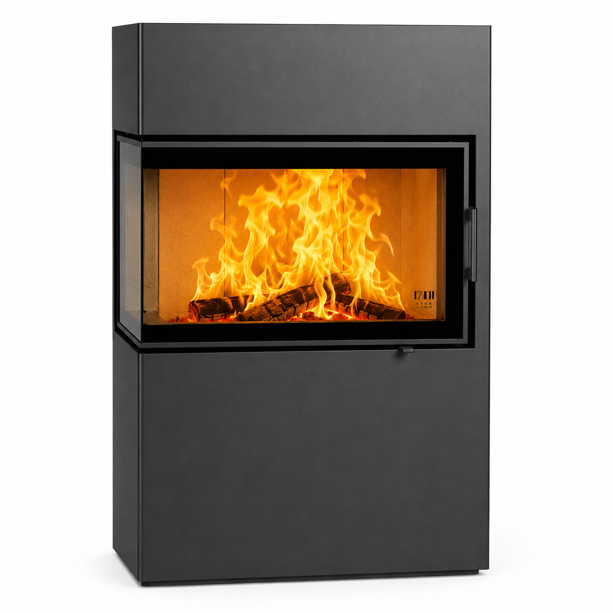 A modern black metal wood-burning fireplace with a glass front door showing bright orange flames and logs, photographed on a clean white background.