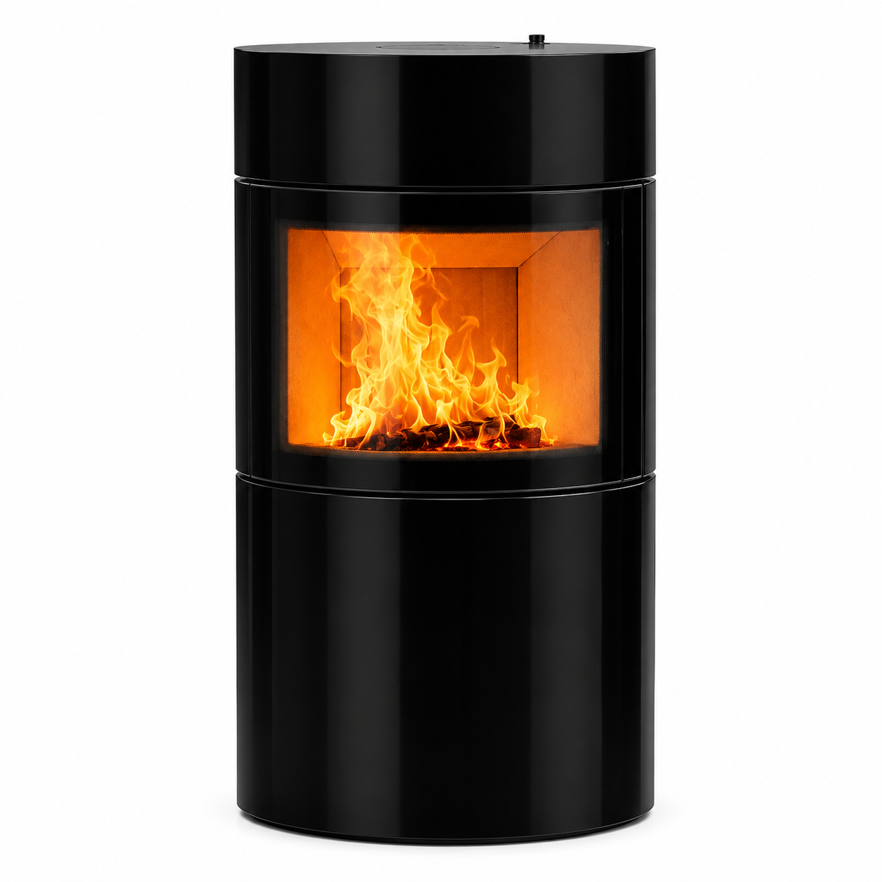 A modern black cylindrical wood-burning fireplace with a glass front showing bright orange and yellow flames, isolated on a white background.