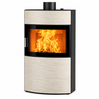 A modern wood-burning stove with a brushed stainless steel front and black side panels, featuring a glowing orange fire visible through the glass door, isolated on a white background.