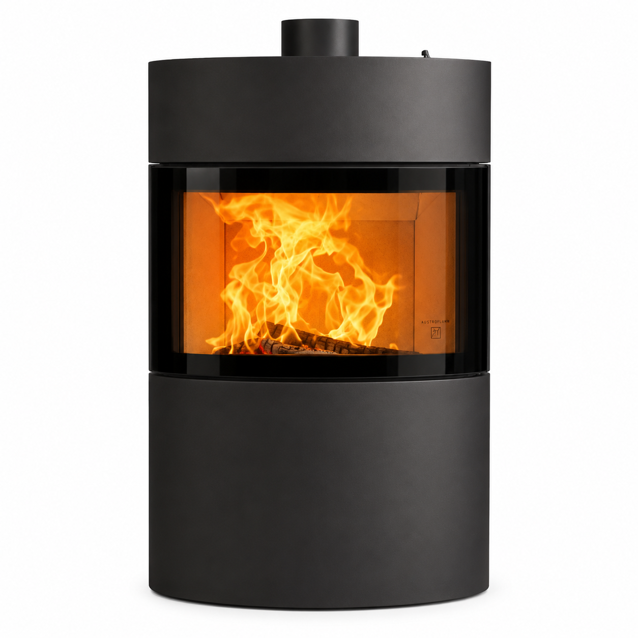 A modern cylindrical black wood-burning fireplace with a large glass front showing bright orange and yellow flames, isolated on a white background.