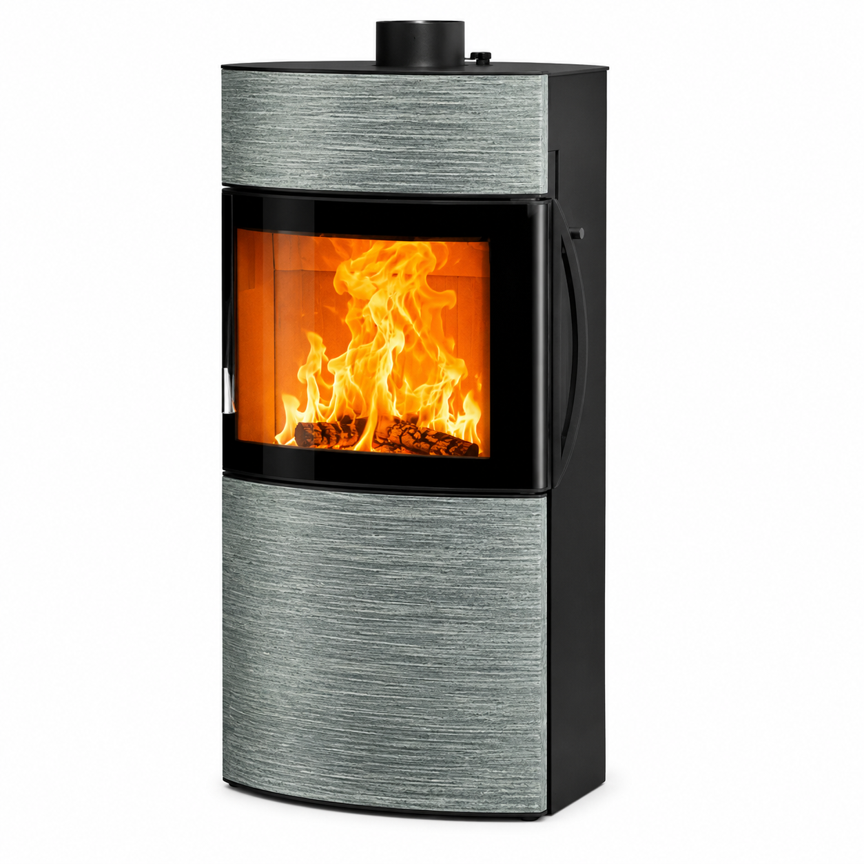 A modern wood-burning stove with a textured gray and black finish, featuring a large glass front door showing a bright orange fire, isolated on a white background.