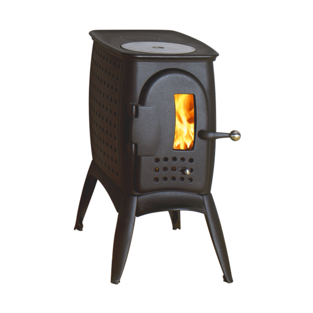 A black cast iron wood-burning stove with a visible fire inside, standing on four legs against a plain white background.