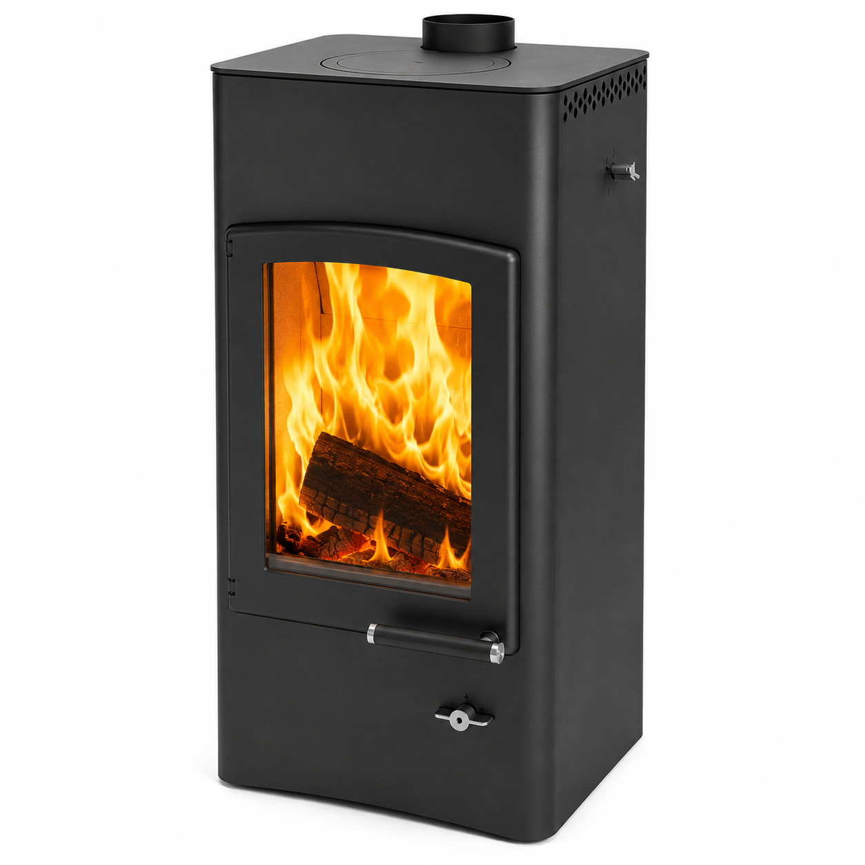 A modern black wood-burning stove with a glass front door showing bright orange and yellow flames, set against a plain white background.