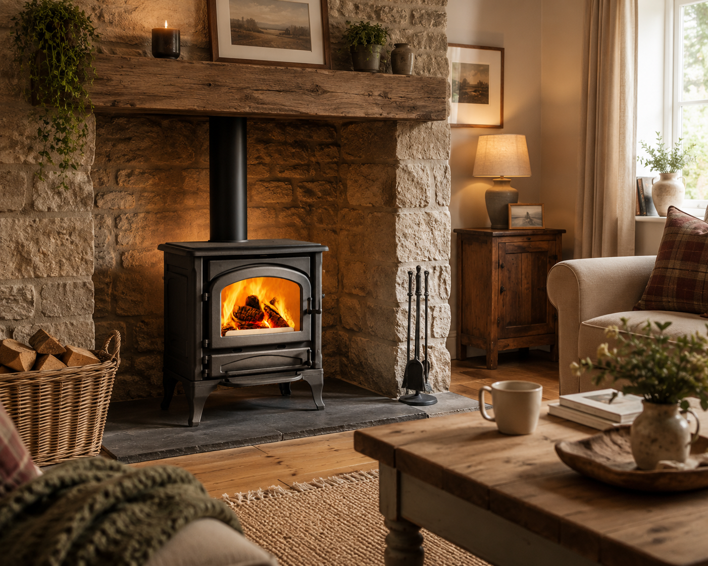 A black wood-burning stove with a glowing fire set into a rustic stone fireplace in a cozy living room with a wooden mantel, side table, and warm ambient lighting.