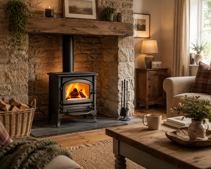 A black wood-burning stove with a glowing fire set into a rustic stone fireplace in a cozy living room with a wooden mantel, side table, and warm ambient lighting.