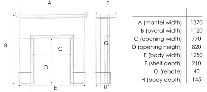 A black-and-white technical dimension diagram showing a fireplace mantel and shelf profile with labelled dimensions A through H and a corresponding measurement table on the right.
