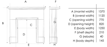 A black-and-white technical dimension diagram showing a fireplace mantel and shelf profile with labelled dimensions A through H and a corresponding measurement table on the right.
