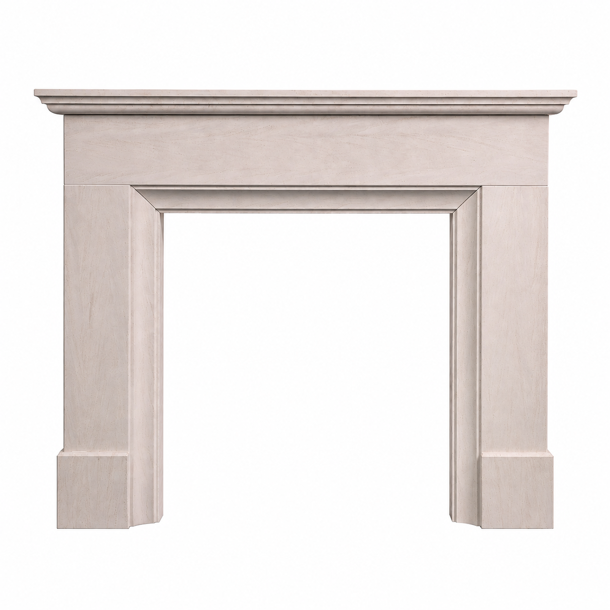 A classic fireplace mantel with a distressed light beige or off-white finish, featuring a flat shelf and decorative molding on the surround and frame.