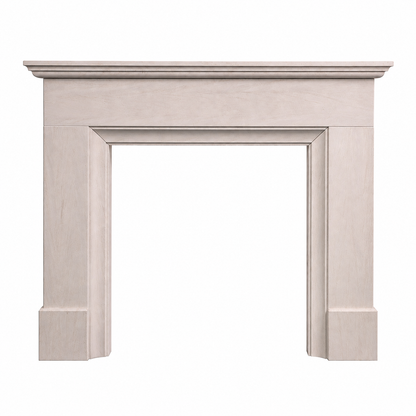 A classic fireplace mantel with a distressed light beige or off-white finish, featuring a flat shelf and decorative molding on the surround and frame.