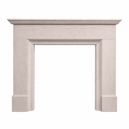 A classic fireplace mantel with a distressed light beige or off-white finish, featuring a flat shelf and decorative molding on the surround and frame.