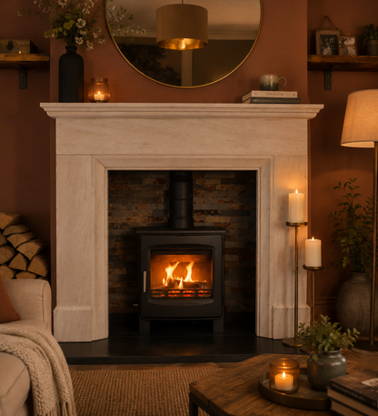 A black wood-burning stove with a glowing fire, set within a white stone fireplace mantel in a cozy, warmly lit living room.