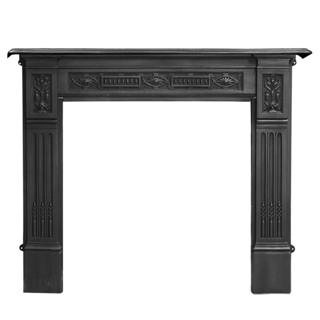 Carron Decorative black fireplace mantel on a white background