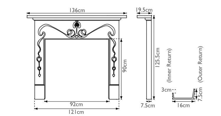 Carron ArtNouveau Fireplace Surround Leg Detail Dimensions