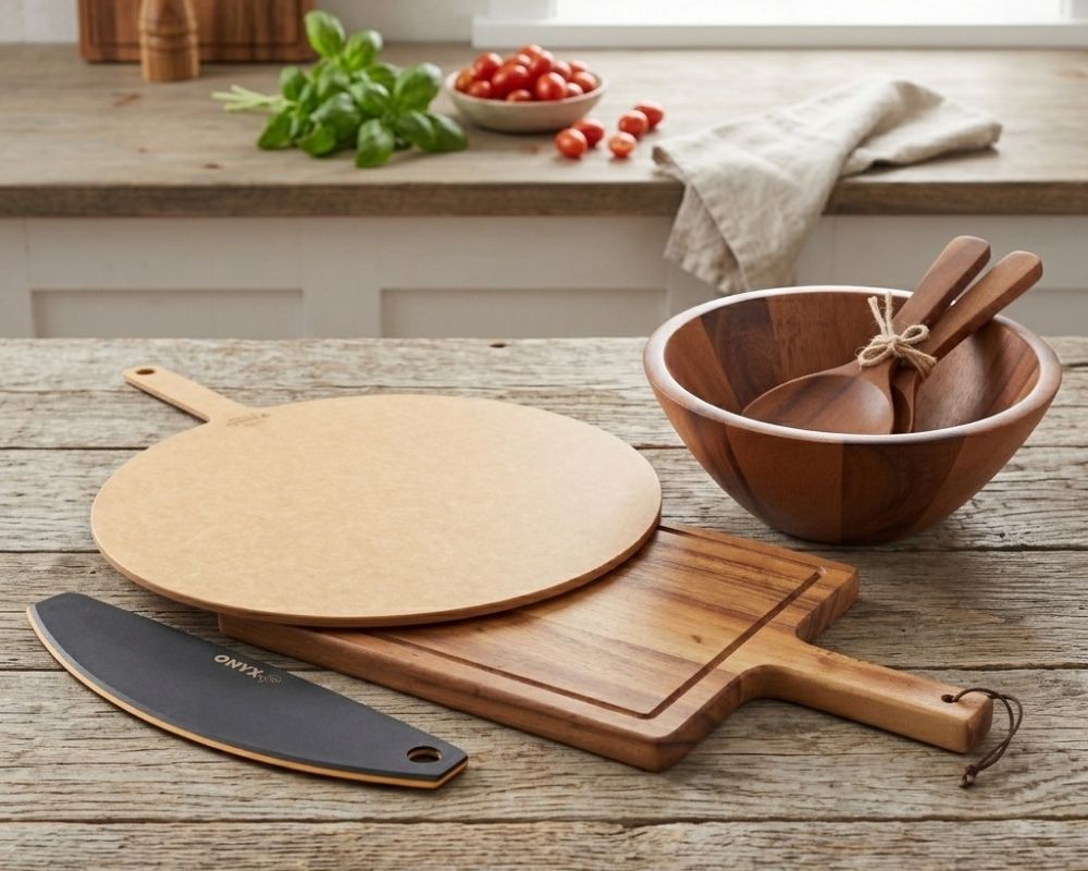 Wooden cutting boards, pizza cutter, salad servers, and a bowl on a wooden surface with a kitchen background.