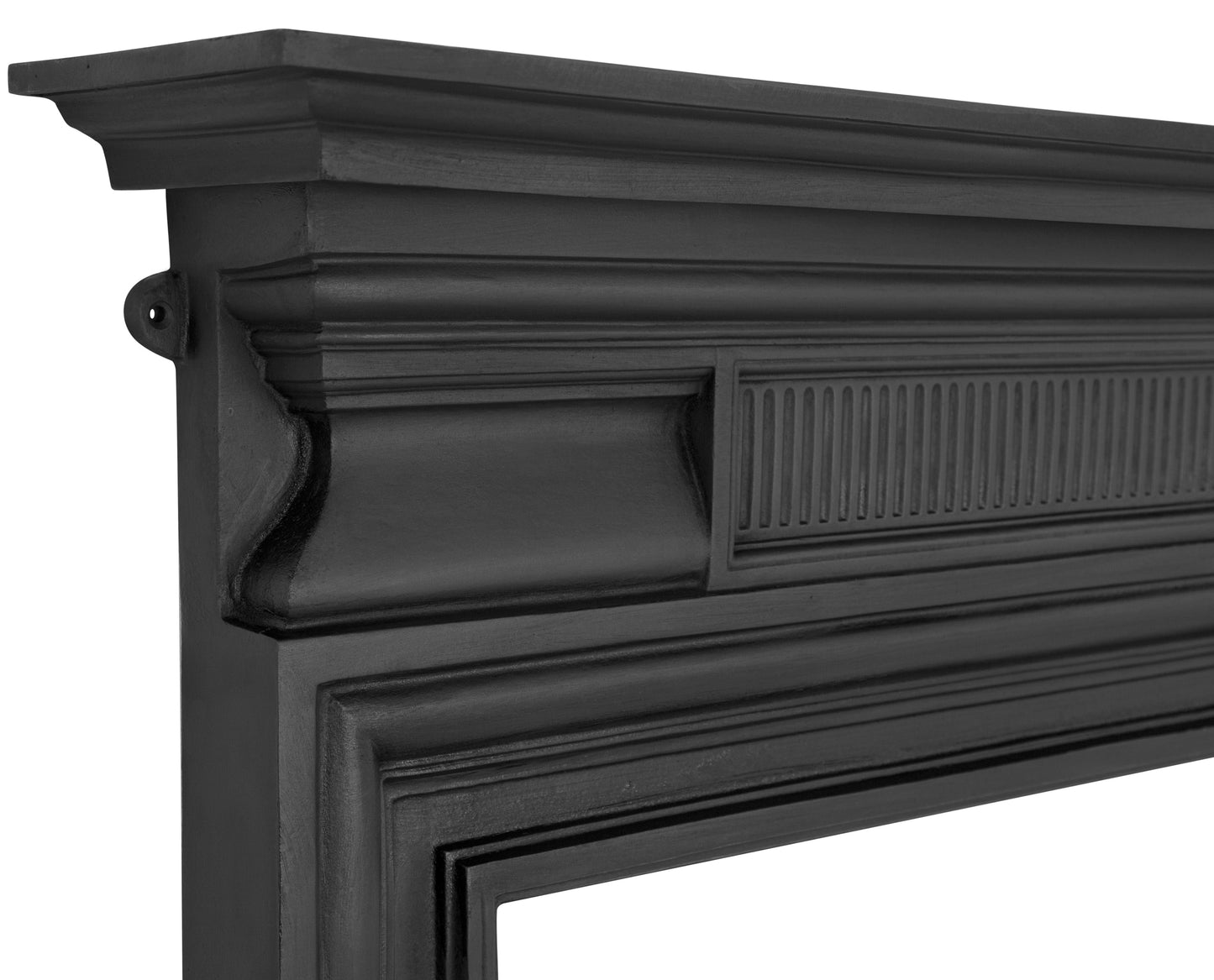 Carron Belgrave Black decorative fireplace mantel on a white background