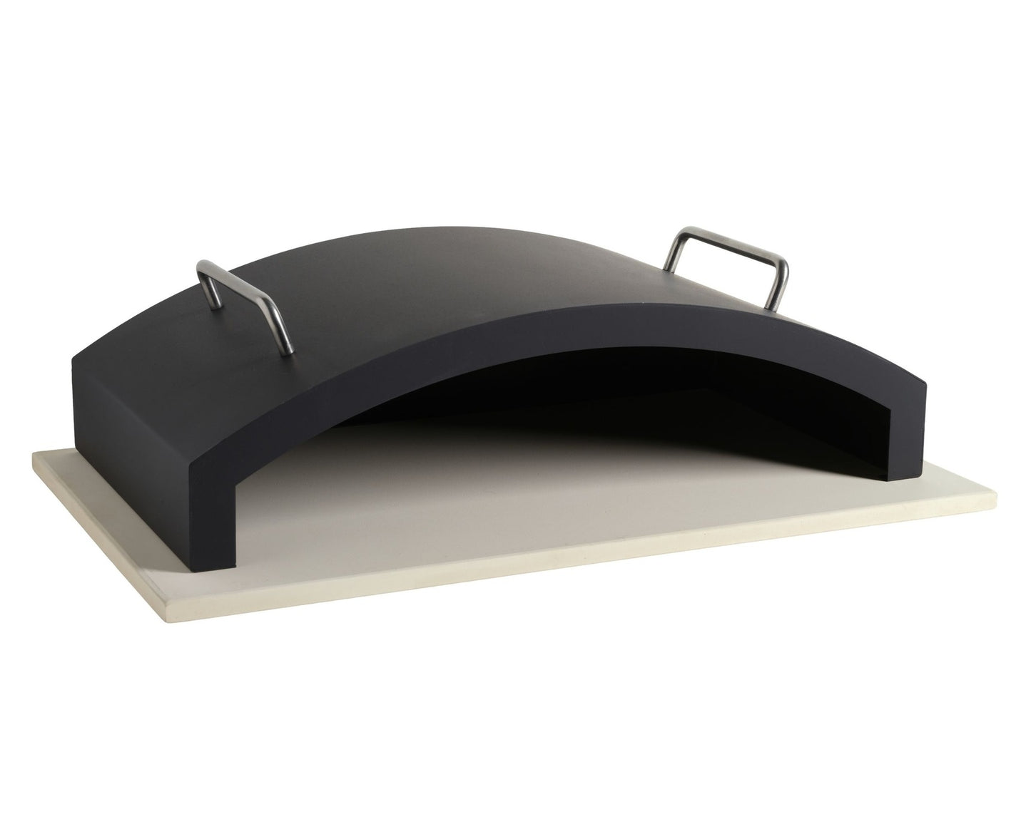 Carron Bellmount BBQ Fireplace Black outdoor pizza oven with a beige stone base on a white background