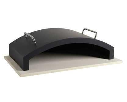 Carron Bellmount BBQ Fireplace Black outdoor pizza oven with a beige stone base on a white background