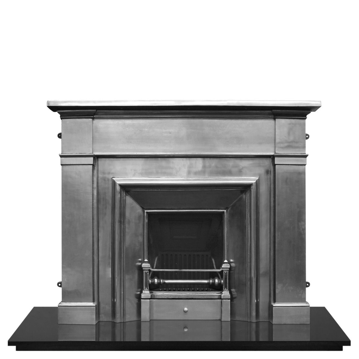 Carron Royal Cast Iron Fireplace Insert Polished. Decorative fireplace with a metallic finish on a white background
