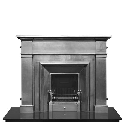 Carron Royal Cast Iron Fireplace Insert Polished. Decorative fireplace with a metallic finish on a white background