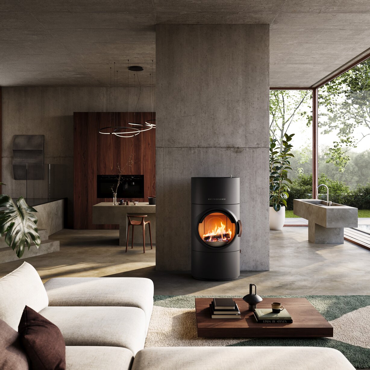 A modern black wood-burning stove with an open fire, set against a large concrete pillar in a contemporary concrete and wood living room.