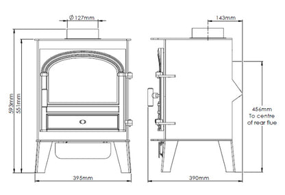 Black and white technical line drawing showing front and side dimensions of a gas stove, with measurements such as 395mm, 127mm, 456mm, and 143mm.