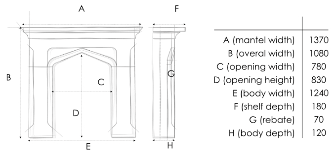 Limestone fireplace dimensions.