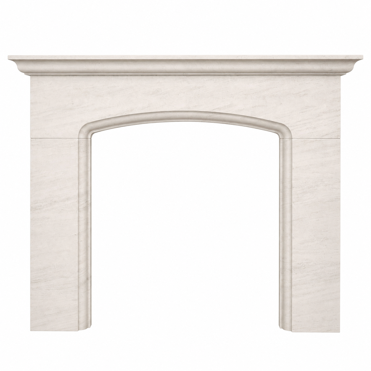 White limestone fireplace on a white background.