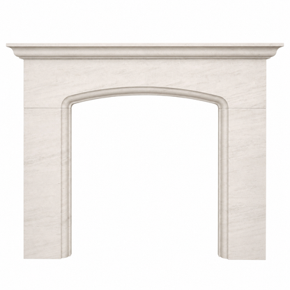 White limestone fireplace on a white background.