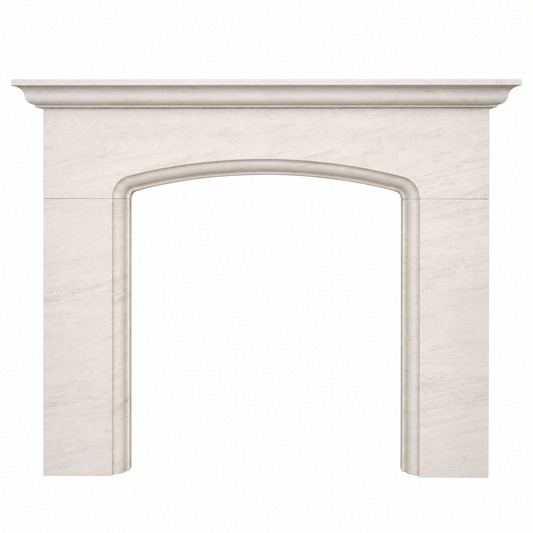 White limestone fireplace on a white background.