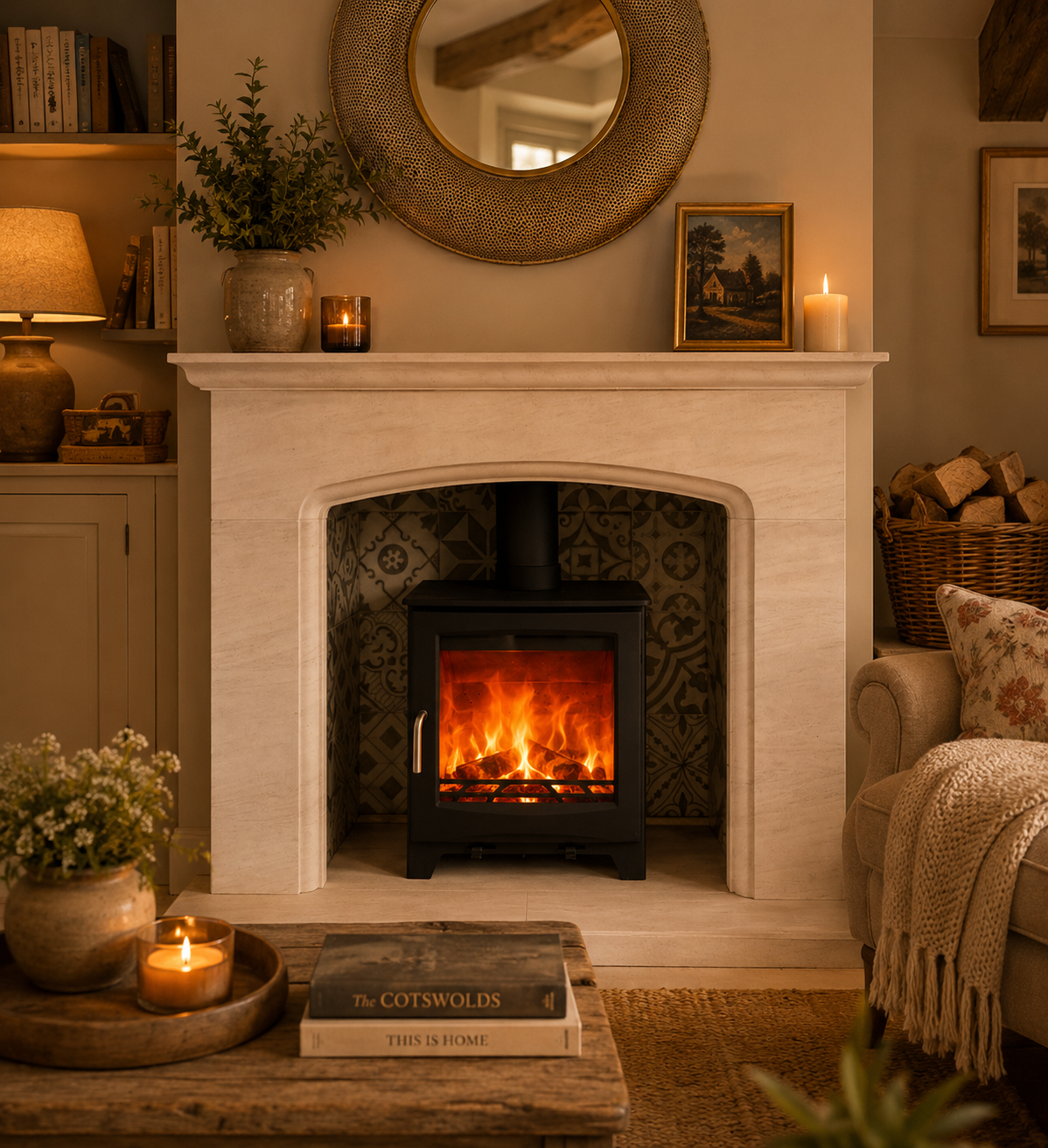 White limestone fireplace in a cosy lounge setting with wood burner log basket and warm furnishings.