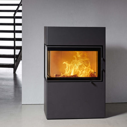Modern black fireplace with visible flames inside, set against a neutral background.