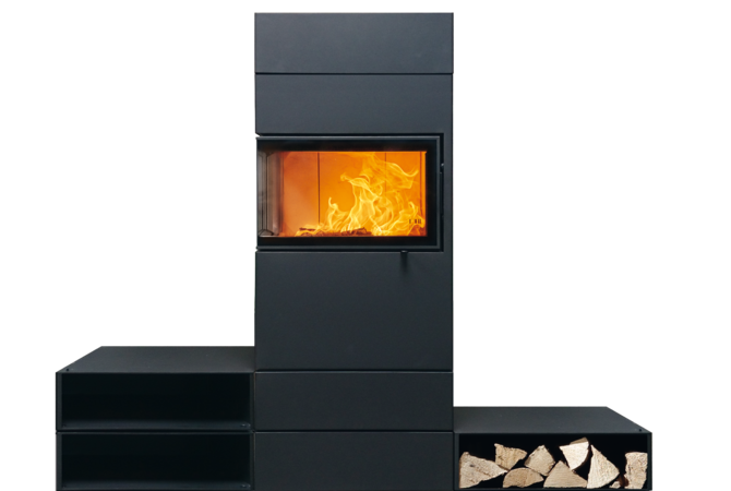 Modern black wood stove with visible flames on a white background