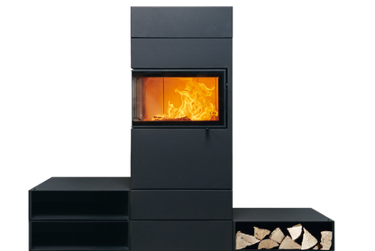 Modern black wood stove with visible flames on a white background
