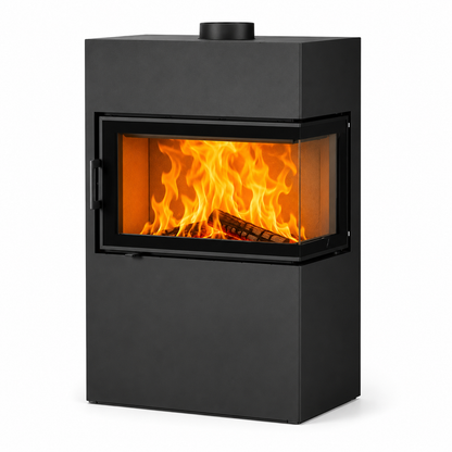 A modern black wood-burning stove with a glass door showing bright orange and yellow flames, set against a plain white background.