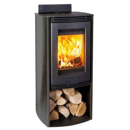 A black corner wood-burning stove with a visible fire inside and a lower log storage compartment filled with cut firewood, shown on a plain white background.