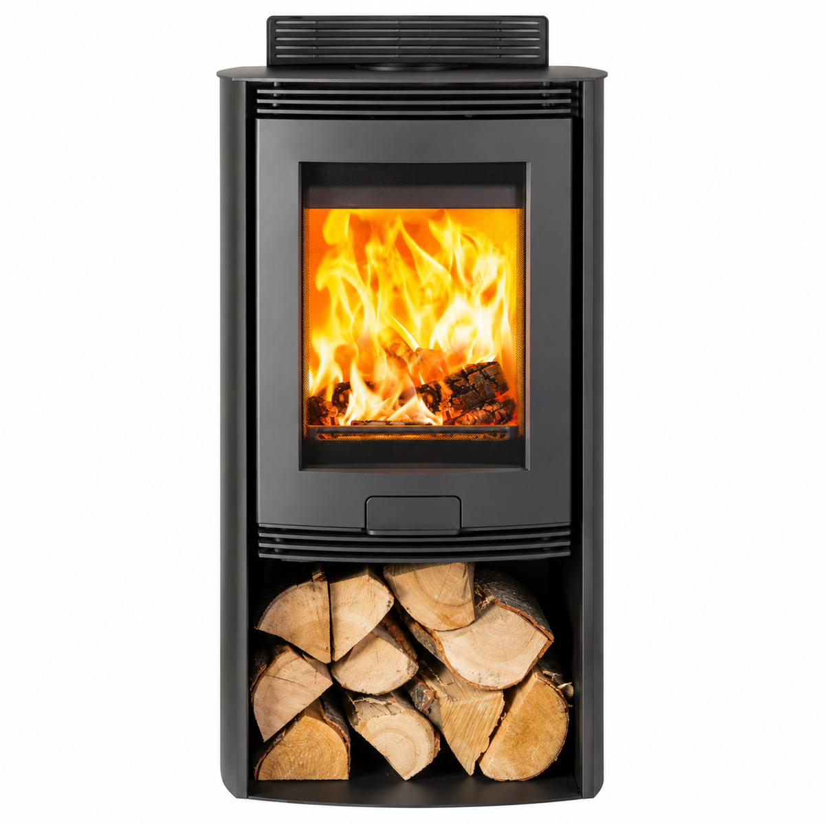A black corner wood-burning stove with an active fire visible through the glass door and a lower log storage compartment filled with cut firewood, shown on a plain white background.