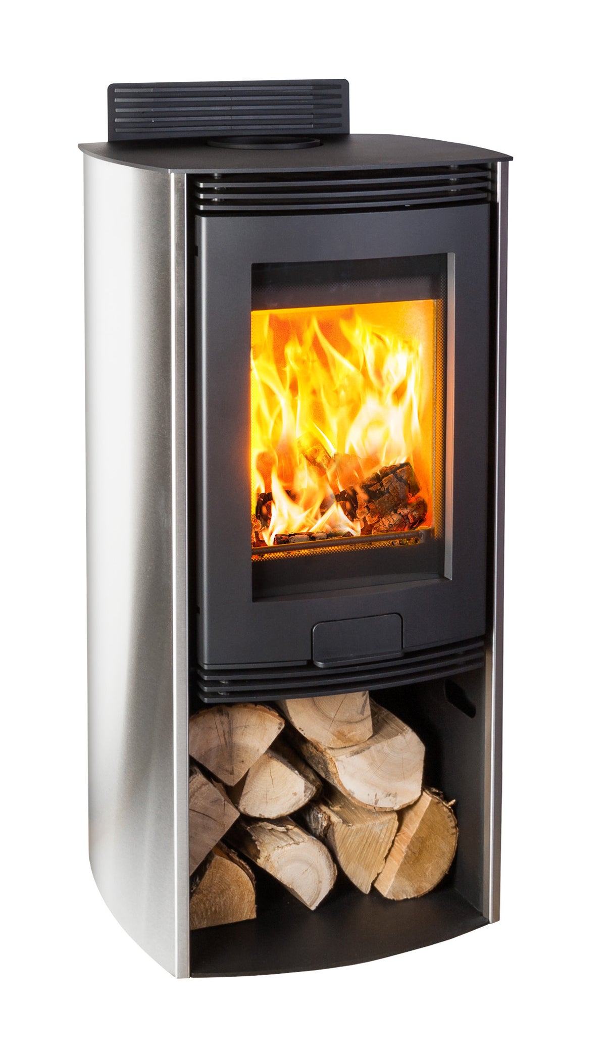 A modern corner wood-burning stove with a stainless steel body, black front door, and visible orange flames, shown on a plain white background with stacked firewood in the lower compartment.