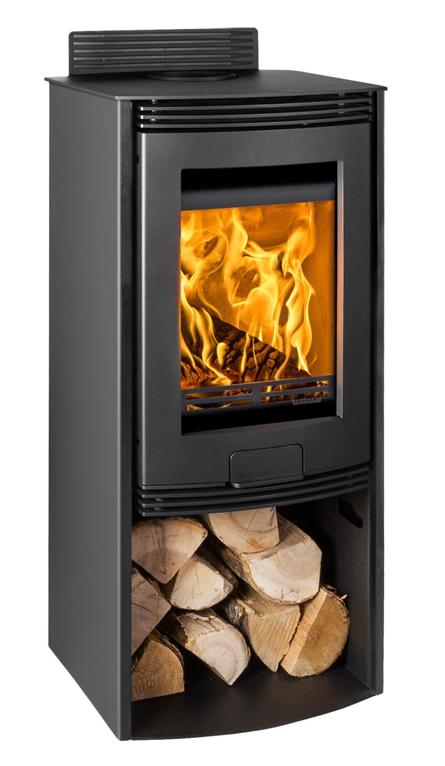 A black corner wood-burning stove with a visible fire inside the glass door and a stacked wood firebox compartment below, shown on a plain white background.