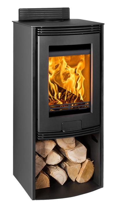 A black corner wood-burning stove with a visible fire inside the glass door and a stacked wood firebox compartment below, shown on a plain white background.