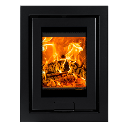 A modern black wood-burning fireplace insert with a glass door showing a vibrant fire and logs, set against a plain white background.