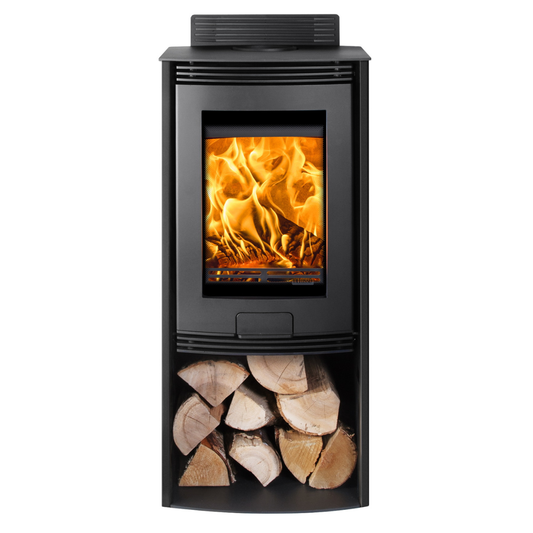 A black corner wood-burning stove with a lit fire visible in the glass front, and stacked firewood stored in the lower shelf, shown on a plain white background.