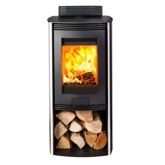 A modern black wood-burning stove with a glass front showing a bright orange fire, topped with a vent, and designed to store cut logs underneath, isolated on a white background.