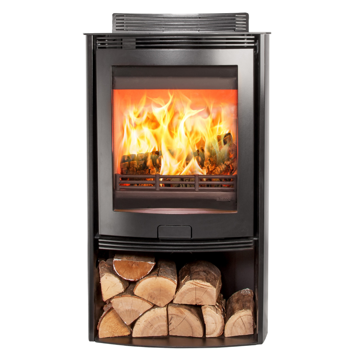 A modern black freestanding wood-burning fireplace with a glass front showing bright orange and yellow flames, and an open lower shelf holding stacked firewood logs, isolated on a white background.