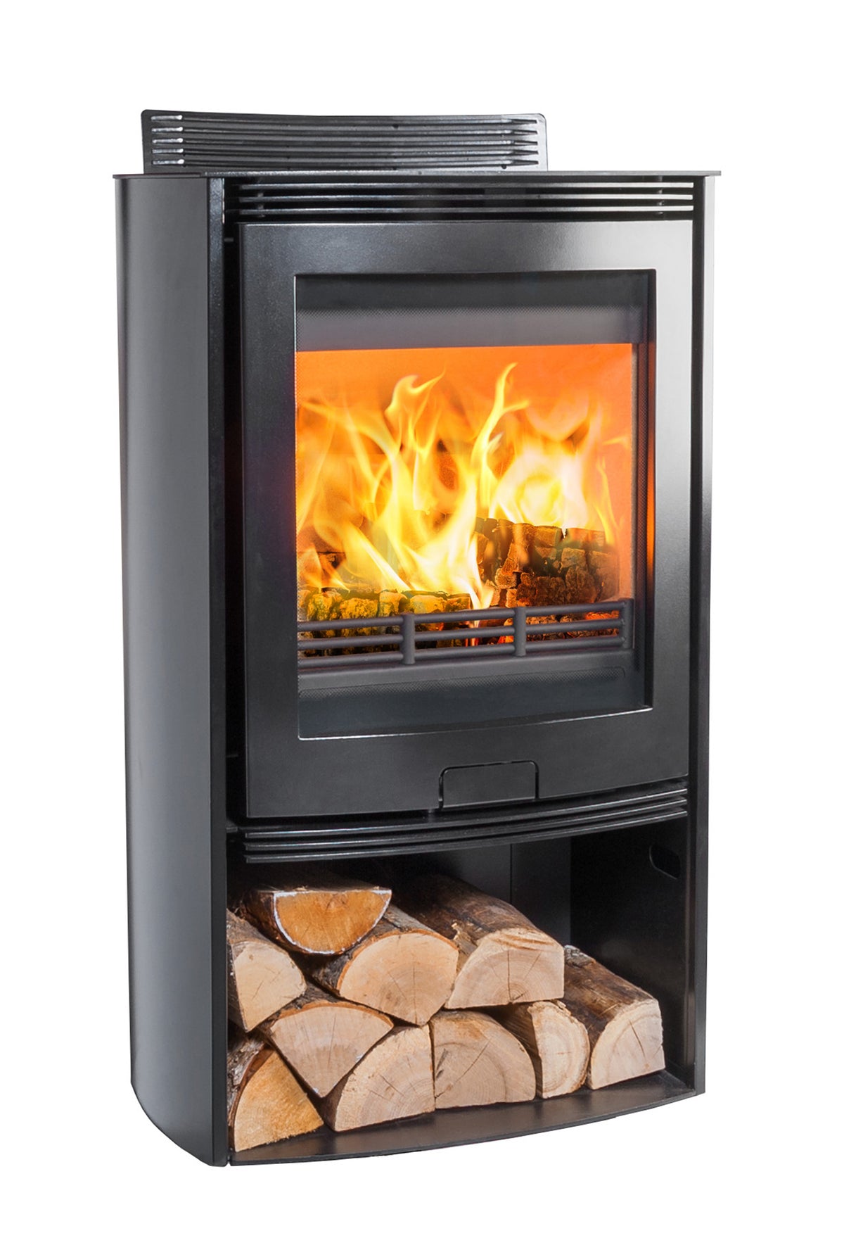 A black wood-burning fireplace stove with an open lower shelf holding stacked firewood, shown against a plain white background. The firebox contains a glowing orange and yellow flame.