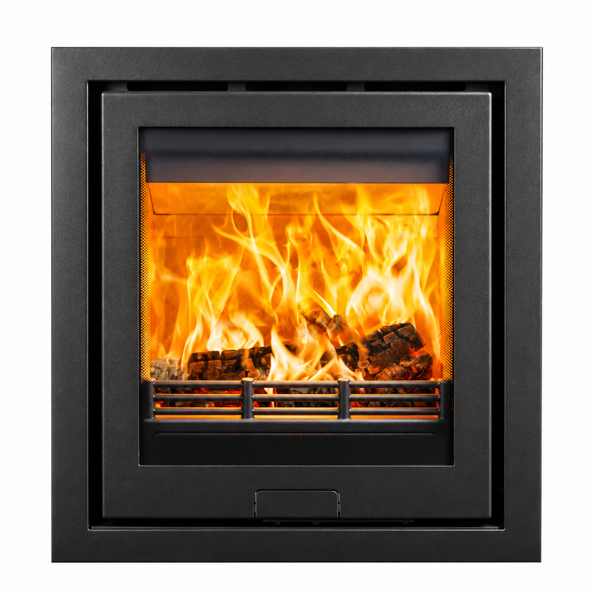 A modern black metal fireplace insert with a glass front door, showing bright orange and yellow flames over realistic logs, isolated on a white background.