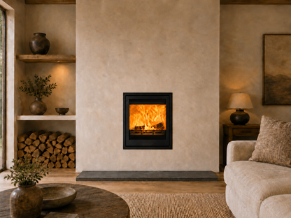 A modern black fireplace insert with a glowing fire, set in a rustic room with exposed plaster, cream sofa, and a rustic wooden furninshing.