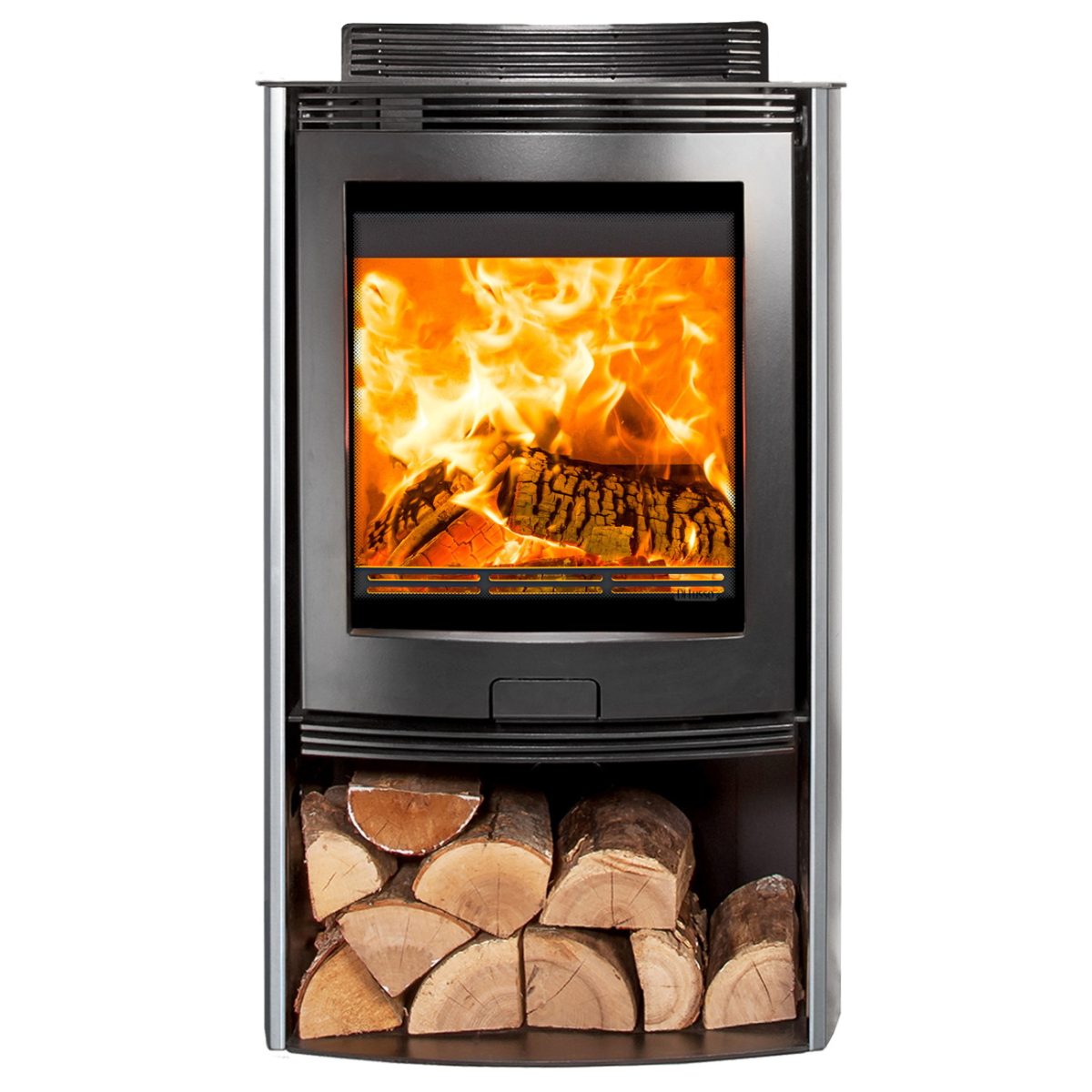 A modern corner fireplace insert with a black front and silver side panels, showing a bright orange fire inside, with stacked firewood visible in the lower storage compartment.