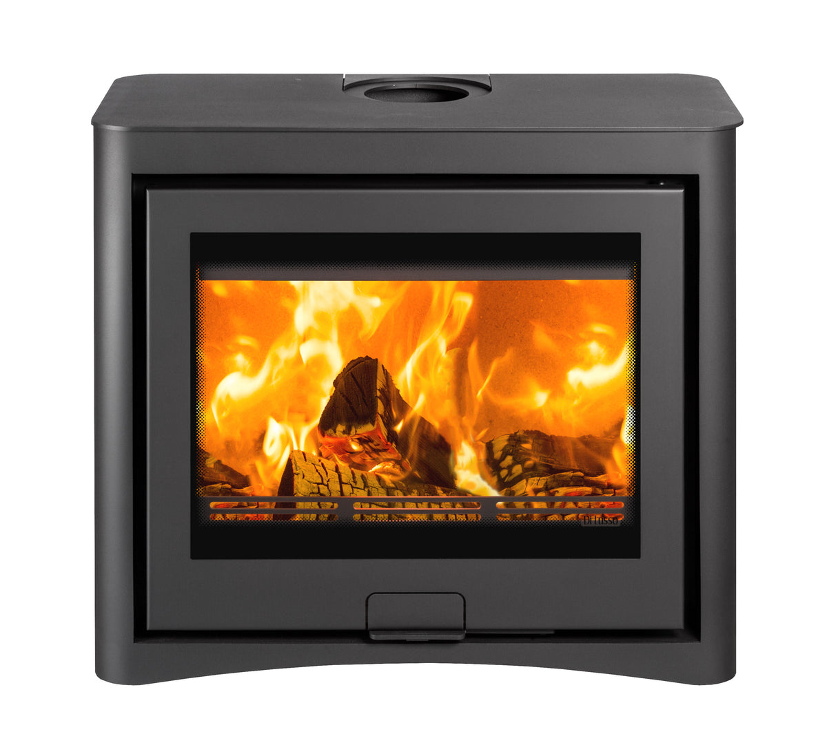 A modern black freestanding square wood-burning fireplace with a glass viewing window showing bright orange and yellow flames, and an open lower shelf holding stacked firewood logs, isolated on a white background.