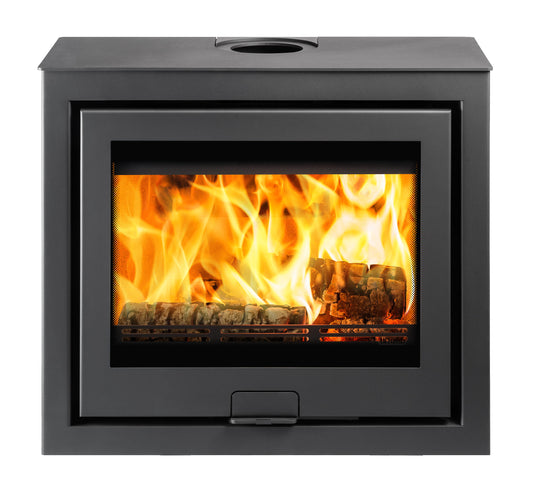 A modern black freestanding square wood-burning fireplace with a glass viewing window showing bright orange and yellow flames, and an open lower shelf holding stacked firewood logs, isolated on a white background.